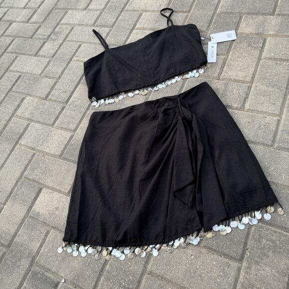 JASON WU Mother Of Pearl Beaded Sea Shell Linen Rayon Crop Top + Skirt SET NWT 6 - Picture 1 of 15